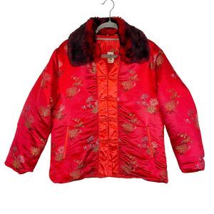 Chinese Jacket Womens Large Red Faux Fur Collar Oriental Zippered Pockets Floral